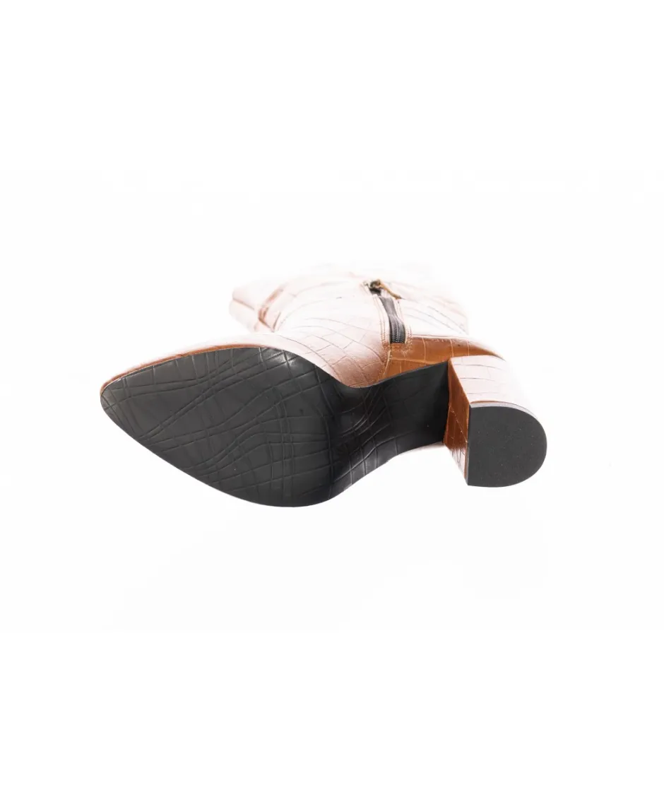 Osmose Shoes Bottes-Botte Becca Lou : Cuir Croco Camel à Bout Pointu & Talon Carré