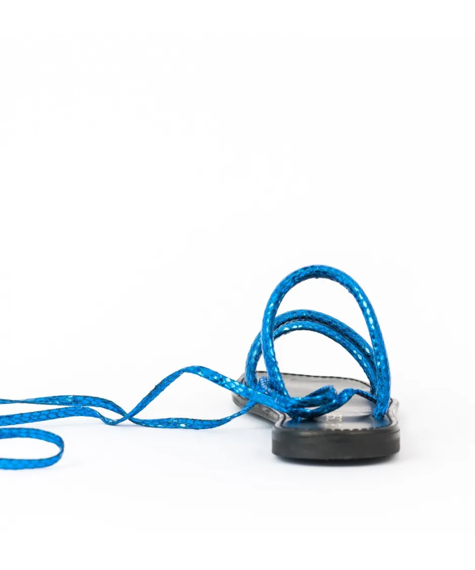 Osmose Shoes Sandales & Nu-Pieds-Sandale à Brides Python Laminé Bleu & Lacet