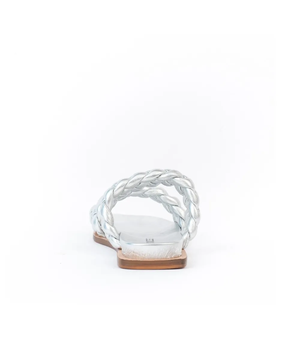 Osmose Shoes Sandales & Nu-Pieds-Sandale Cessou : Cuir Laminé Argenté à Double Bride Torsadée & Bout Carré