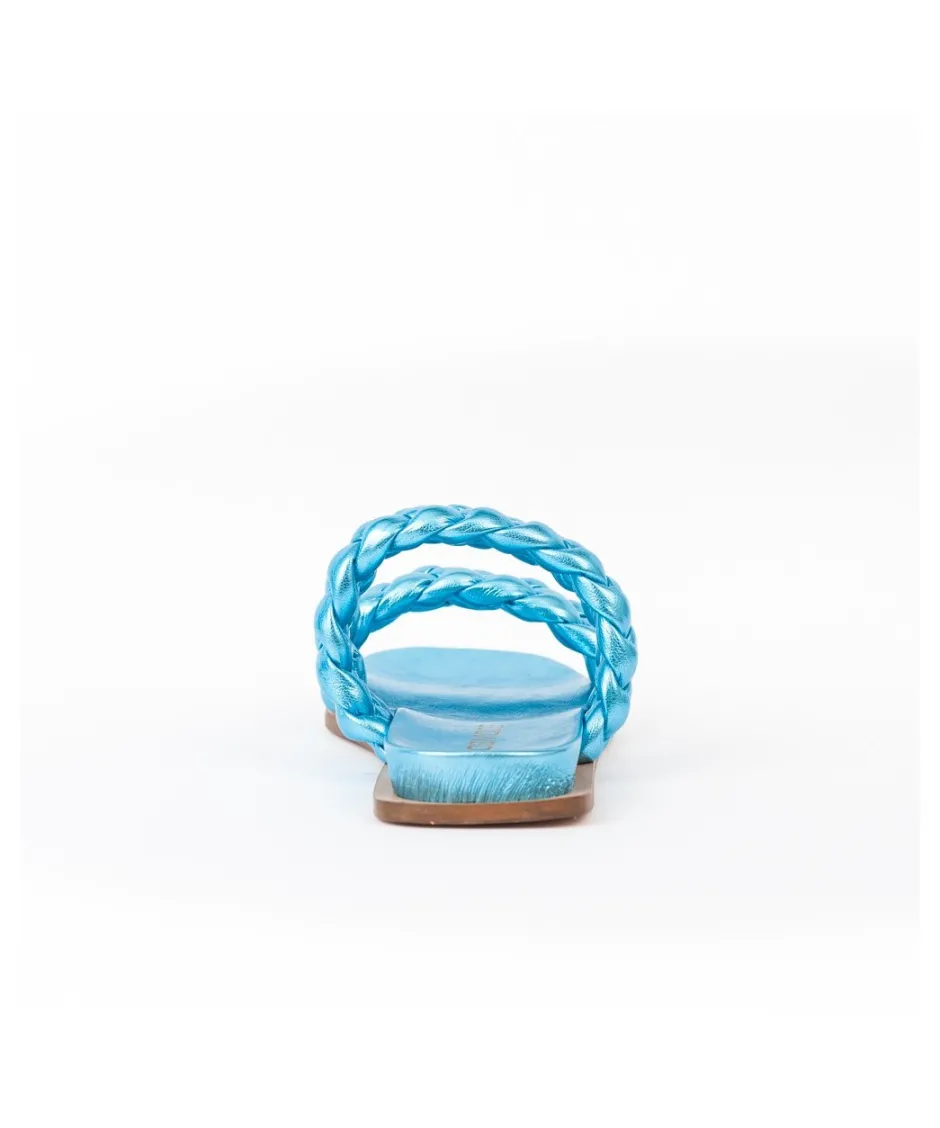 Osmose Shoes Sandales & Nu-Pieds-Sandale Cessou : Cuir Laminé Bleu turquoise à Double Bride Torsadée & Bout Carré